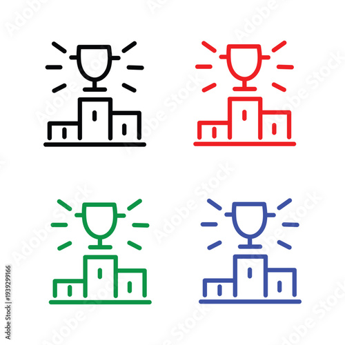 Pedestal, first place award in the competition outline icon. Line sign sports podium with shining cup rays. Vector isolated pictogram for web on white background editable stroke.