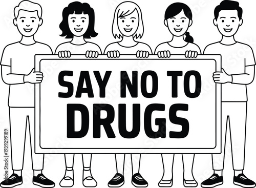 Five people holding a banner with an anti drug message