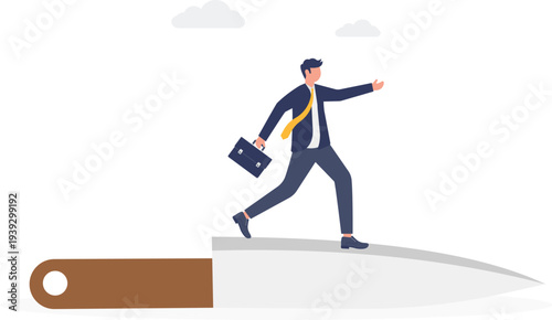 Businessman Walking on Dangerous Knife Edge
