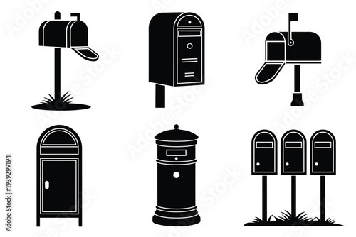 Six different black mailboxes in various styles postbox