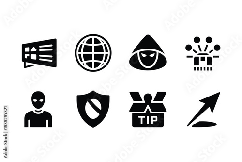 Set of eight black and white representing security and privacy concepts