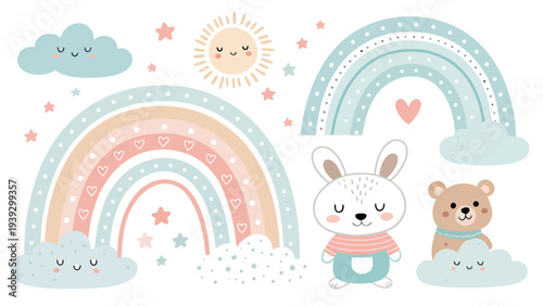 Cute cartoon animals and colorful rainbows in whimsical scene