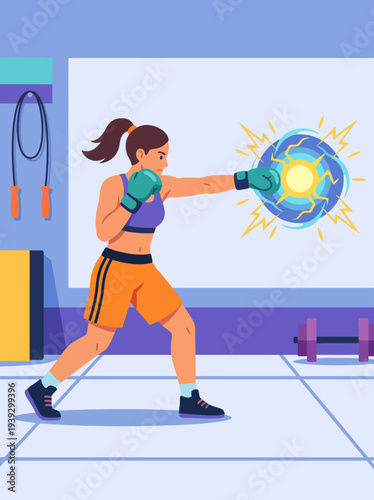An empowered woman delivering a punch in a modern gym, showcasing strength, determination, and athleticism, celebrating fitness and the fight against personal challenges.
