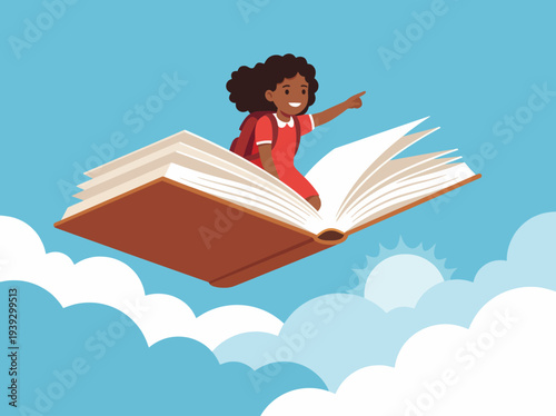 A joyful illustration of a child flying on an open book through a bright sky, symbolizing imagination, learning, and adventure, inspiring creativity and storytelling for young audiences.