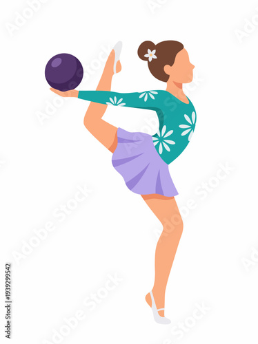 An energetic girl is shown practicing rhythmic gymnastics with a ball, embodying grace, balance, and the joy of movement in sport and dance.