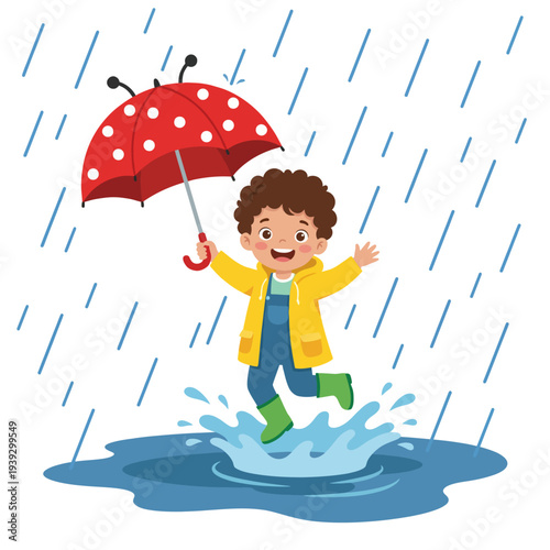 A joyful child jumps in puddles under a bright red umbrella, capturing the pure happiness and innocence of childhood during a rainy day filled with laughter and play.