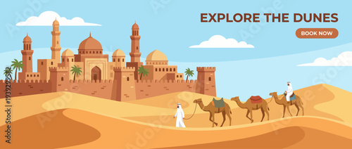 A picturesque desert scene featuring camels and a beautiful palace in the background. This illustration captures the essence of adventure, culture, and exploration in arid landscapes.