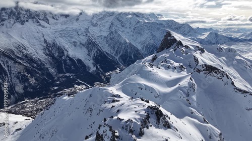 Panoramic winter view of Chamonix and French Alps