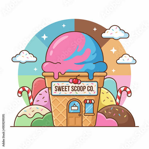 This delightful illustration shows a charming ice cream shop topped with a giant scoop of ice cream, radiating joy and sweetness with its colorful treats and candy elements.