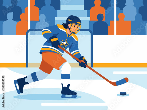 This illustration captures a dynamic hockey player poised for action on the ice, representing sportsmanship and excitement in a vibrant arena filled with cheering fans.