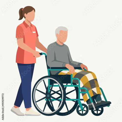 A compassionate interaction between a caregiver and an elderly man in a wheelchair, highlighting the importance of caregiving, support, and dignity in the aging process.