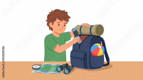 A cheerful boy packing his backpack for an adventure, equipped with essentials like a flashlight, map, and a beach ball for exploring the great outdoors with friends.