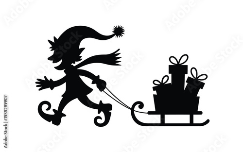 Silhouette of a witch flying on a broom with a sled of gifts