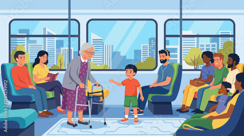 A heartwarming scene on a bus shows a young boy approaching an elderly woman with a walker, capturing the essence of kindness and respect towards older generations in society.