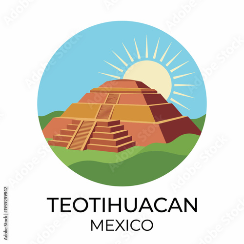 A vibrant illustration of the iconic Teotihuacan pyramid surrounded by lush greenery and a bright sun, representing a blend of history and natural beauty in Mexico.
