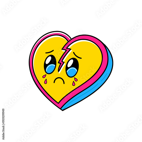 Crying broken heart sticker. Flat vector illustration of sad emoji for heartbreak, digital rejection, and emotional support concepts.