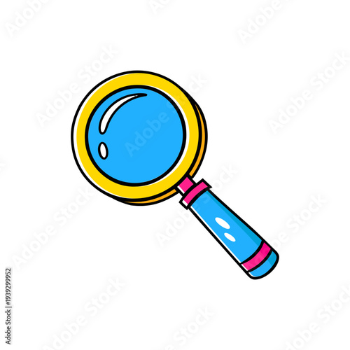 Magnifying glass sticker. Flat vector illustration of loupe for search functionality, SEO analysis, digital discovery, and investigation concepts.