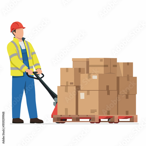 An illustration of a warehouse worker efficiently moving boxes on a pallet jack, highlighting the importance of logistics and hard work in the supply chain industry.