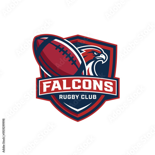 A bold and striking logo for Falcons Rugby Club featuring a dynamic rugby ball and eagle design, representing strength, teamwork, and competitive spirit in sports.