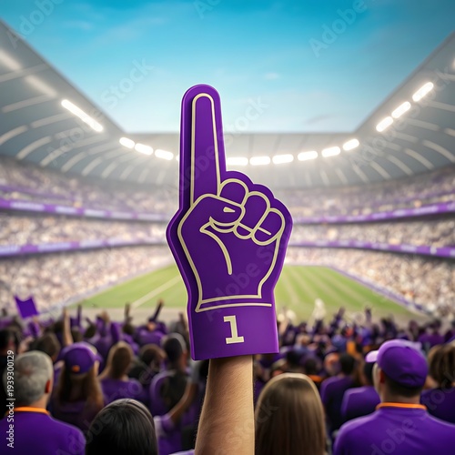 A purple foam finger with the number one on it is being held up in a crowded sports stadium with a blurred background of fans cheering