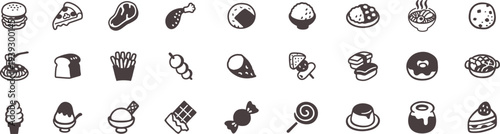 Food and dessert icons set for restaurant menus and culinary design. Minimal outline symbols including burger, pizza, coffee, cake, ice cream, and sushi. Clean vector graphics  branding, delivery apps