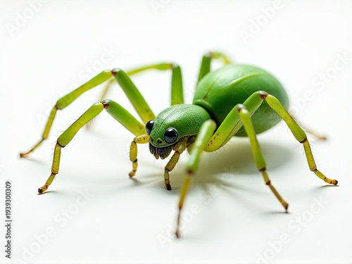 A close-up shot of a green spider on a white surface, ideal for use in illustrations or designs where a small insect is needed