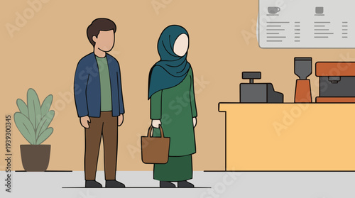 A man and a woman wearing a hijab stand in a line at a coffee shop counter with a plant and a menu board in the background