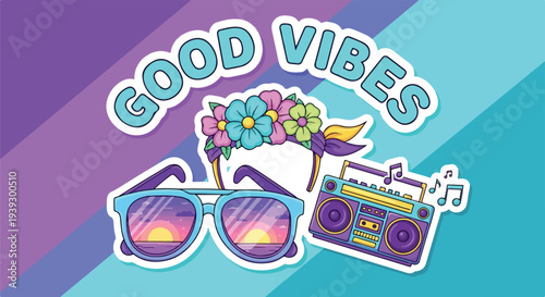 A vibrant, sticker-style vector illustration featuring the "Good Vibes" slogan alongside festival essentials: a retro purple boombox with music notes, sunset-tinted aviator sunglasses, and a colorful 