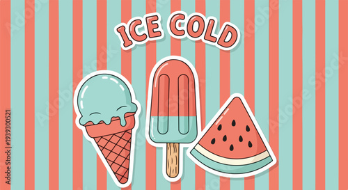 A cheerful, flat-style vector sticker set featuring classic summer refreshments including a melting ice cream cone, a fruity popsicle, and a refreshing slice of watermelon