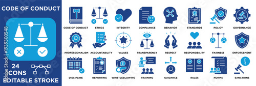 Code of Conduct icon set illustrating accountability, values, transparency, respect, responsibility, fairness, enforcement, discipline. vector dual tone