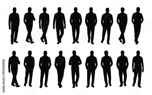 Silhouettes of men walking in different styles standing