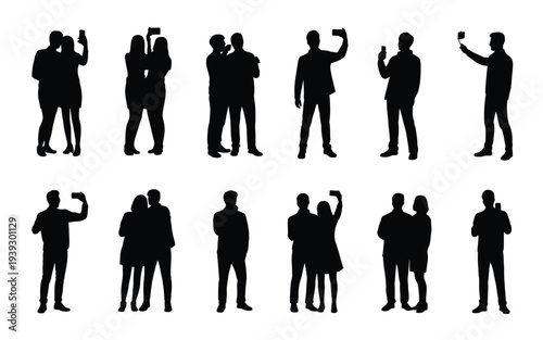 Silhouettes of people taking selfies with smartphones
