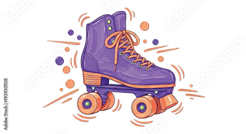 A vibrant pop-art vector illustration of a classic purple quad roller skate with orange laces and wheels. Featuring dynamic motion lines and colorful bubbles on a white background, this retro-inspired