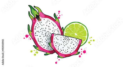 A vibrant and refreshing vector illustration of a ripe dragon fruit (pitaya) sliced open, accompanied by a fresh green lime wedge. The design features artistic pink and green paint