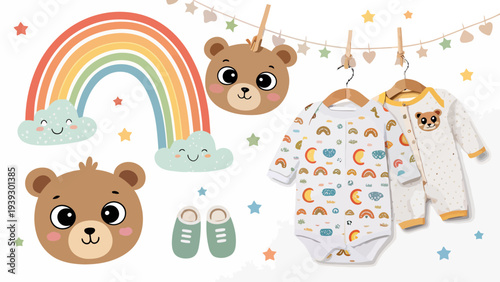 Adorable baby clothes and accessories with cute bear and rainbow theme