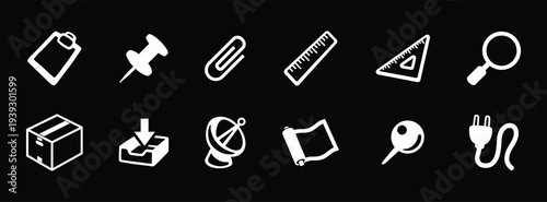Office and school supply icons for workspace and study tools. Minimal white symbols including clipboard, pushpin, paperclip, ruler, magnifier, and box. Clean stationery graphics for education apps, 