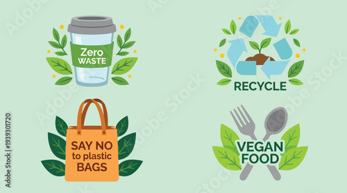 Eco friendly badge set with zero waste recycle and vegan food icons