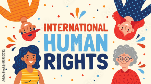 International human rights day banner with diverse people faces looking down