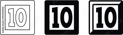 Number ten icons in outline and solid square frames. Bold numeric symbol for countdown, rating, score, and ranking design. Clean minimal graphics for interface labels, lists, dashboards, 