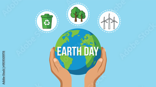 Earth day concept with hands holding globe and eco friendly icons