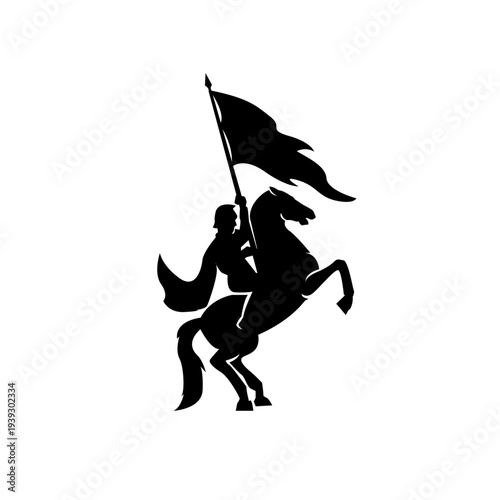 Knight on Rearing Horse Holding Flag Silhouette