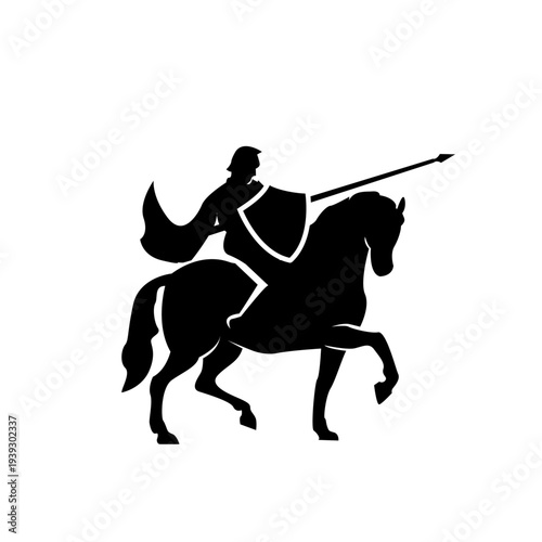 Black Silhouette of Medieval Knight on Horseback with Spear and Shield
