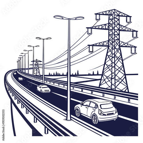 Illustration of a highway with cars and power lines on a with streetlights