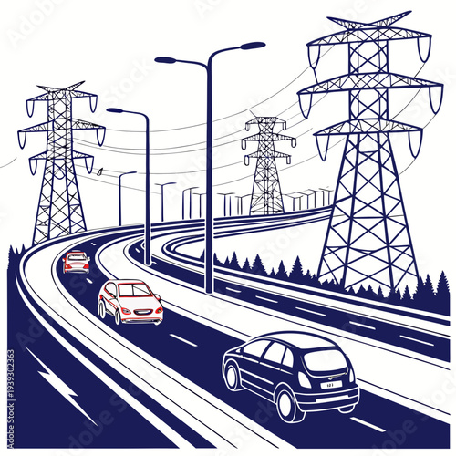 Vector illustration of cars driving on a highway with power lines and towers
