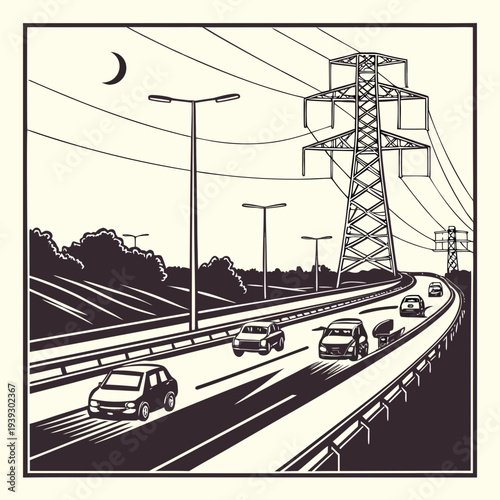 Black and white illustration of a highway with cars and power lines at dusk with a crescent moon in the sky