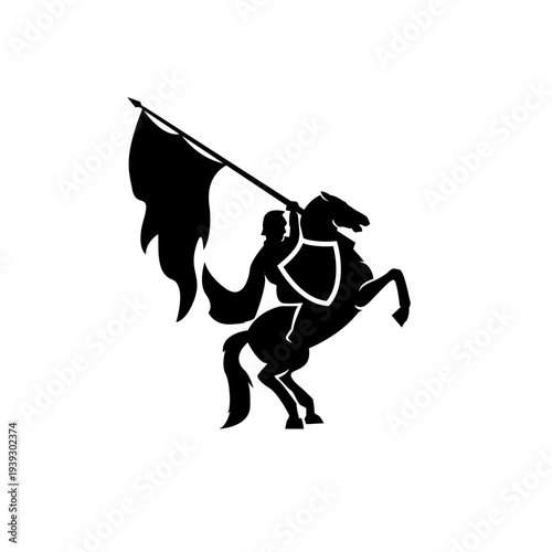 Medieval Knight on Rearing Horse Holding Flag and Shield Silhouette