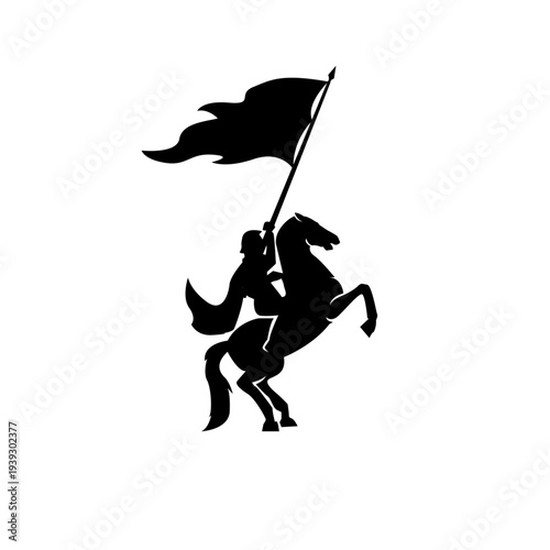 Silhouette of Knight Warrior on Rearing Horse Holding a Waving Flag