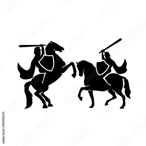 Dynamic Silhouette of Medieval Knights on Horses in Combat with Swords and Shields