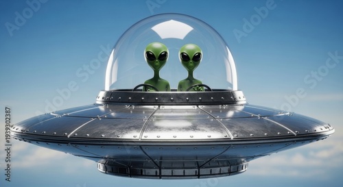 Two small green aliens inside a flying saucer in the sky
