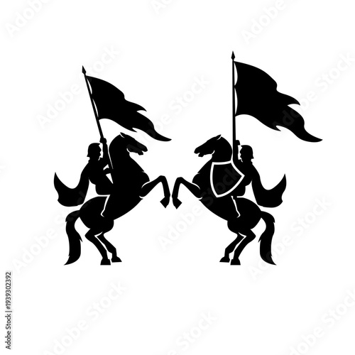 Black Silhouette of Two Knights on Rearing Horses with Flags Facing Each Other